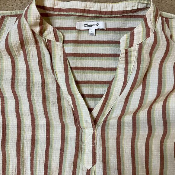 Madewell Crinkle Cotton Lakeline Popover Shirt Stripe S Beige Short Sleeve NWOT - Picture 4 of 7